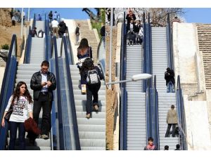 Mahalleye yürüyen merdivenle çıkıyorlar