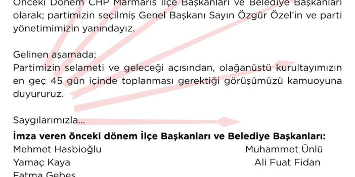 CHP Marmaris’te Eski Başkanlardan Olağanüstü Kurultay Çağrısı: “Birlik İçinde Güçlenerek Çıkacağız"